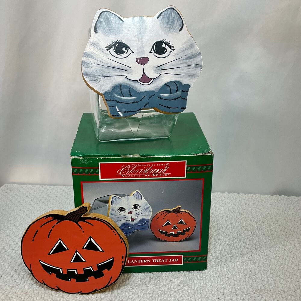 VTG Halloween Jack O' Lantern Treat Jar House of Lloyd Clear Glass Extra Cat Lid